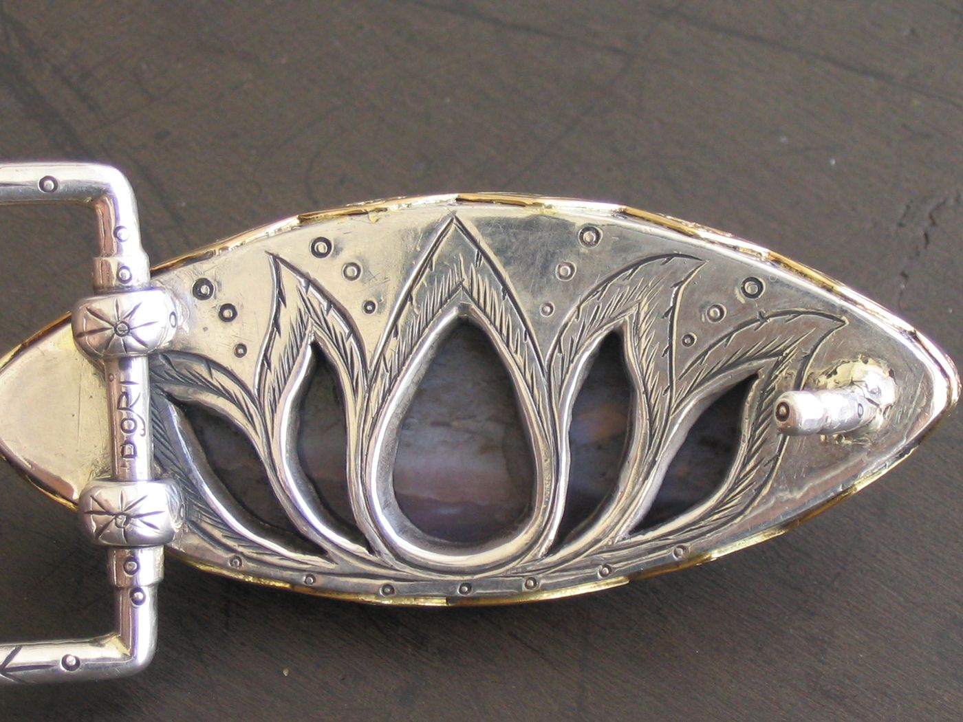 Abalone Lotus Buckle — Abalone agate, silver & gold, signed DORI