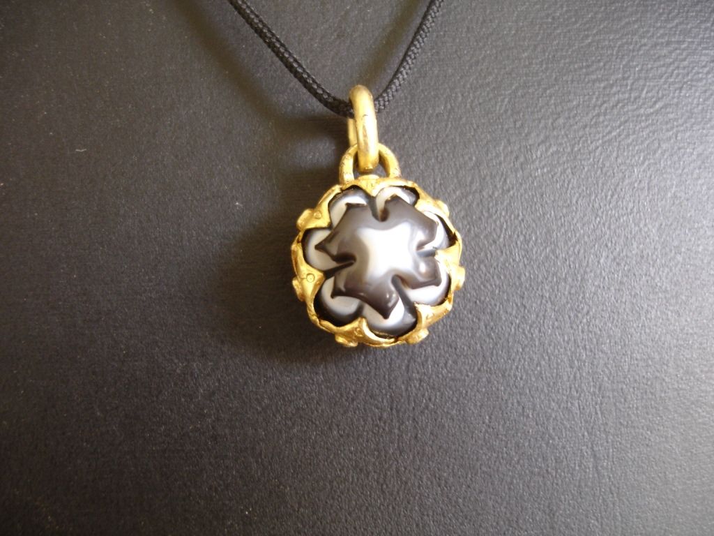 Agate Flower Pendant — Carved banded agate, openwork gold