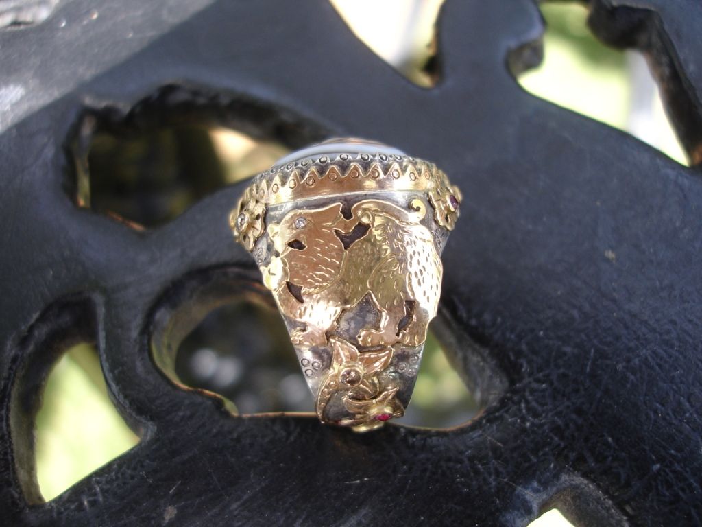 The Lion — Oxidised silver · gold · banded agate · ruby · diamonds