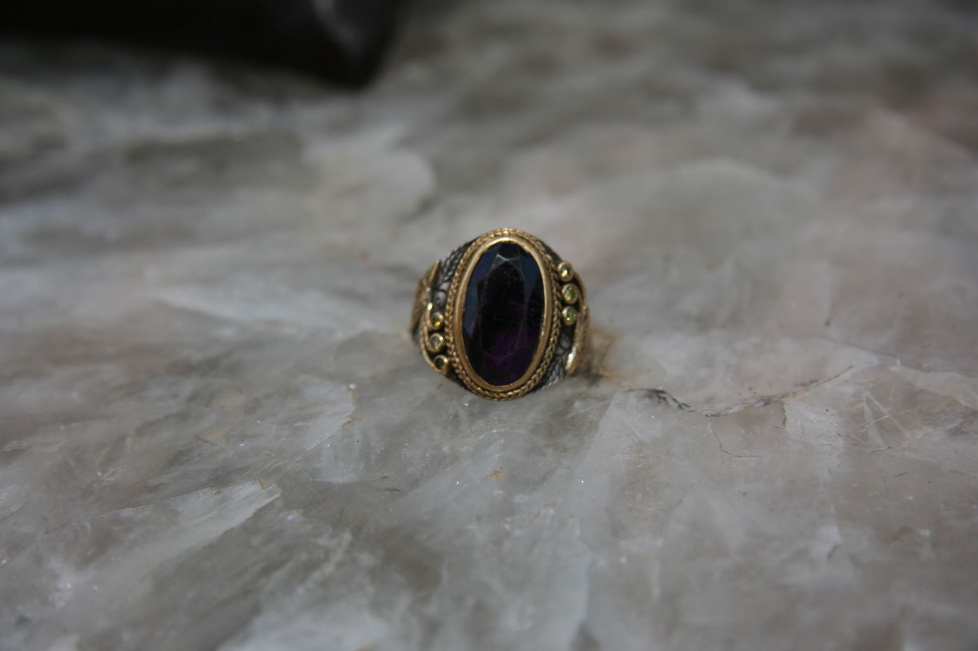 Amethyst Bird Ring — Faceted amethyst, peridot, silver with gold birds