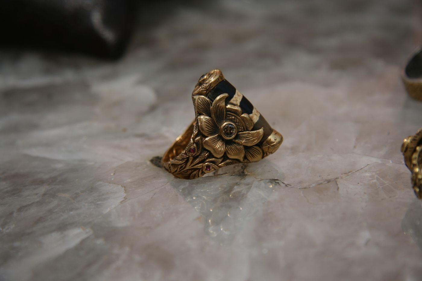 Banded Onyx Flower Ring — Banded agate, diamonds, gold flowers