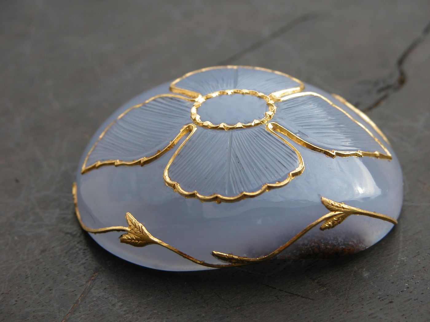 Blue Chalcedony Dome — Blue chalcedony, gold outline