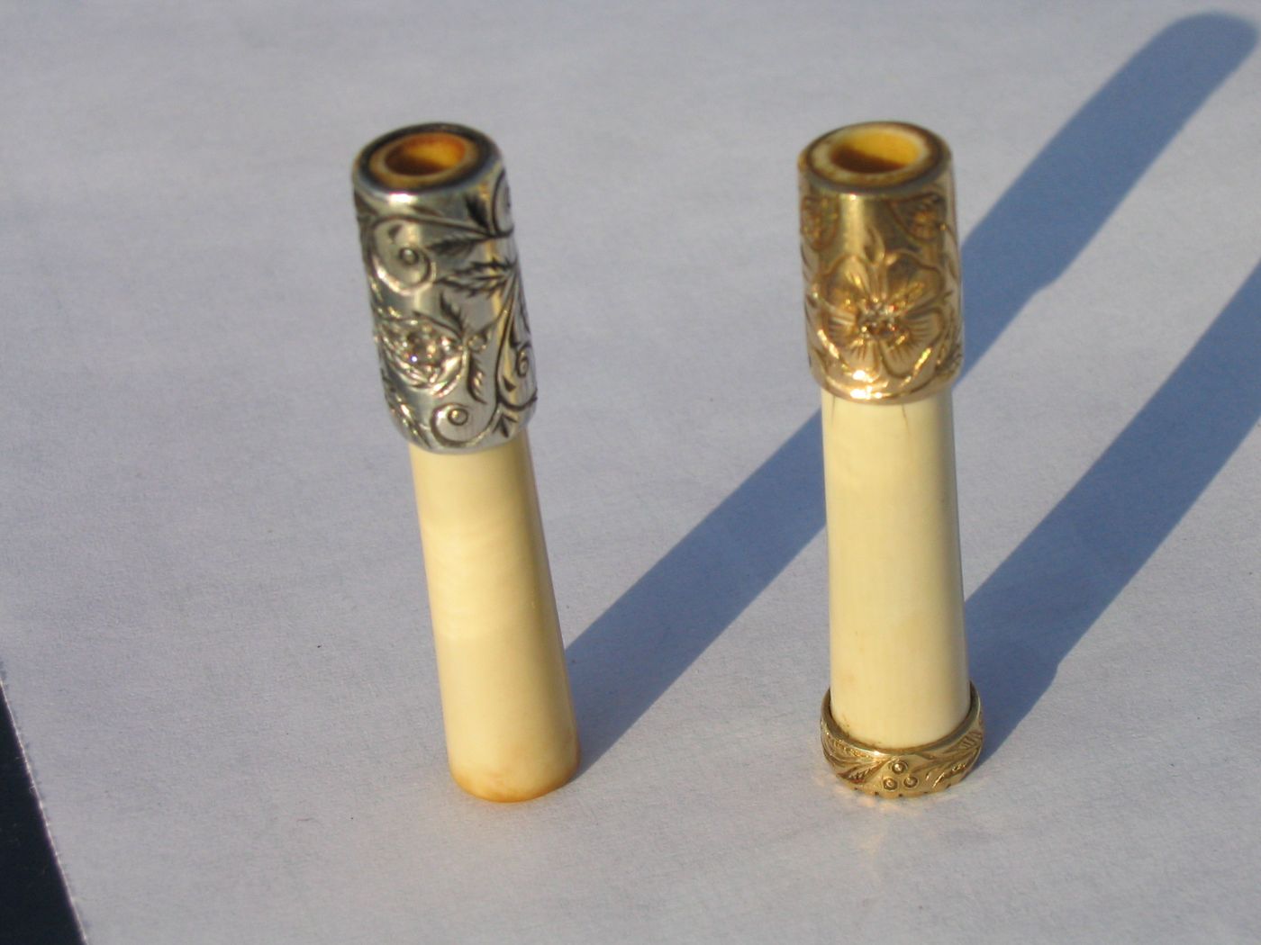 Bone Cigarette Holders — Bone, engraved silver & gold floral caps