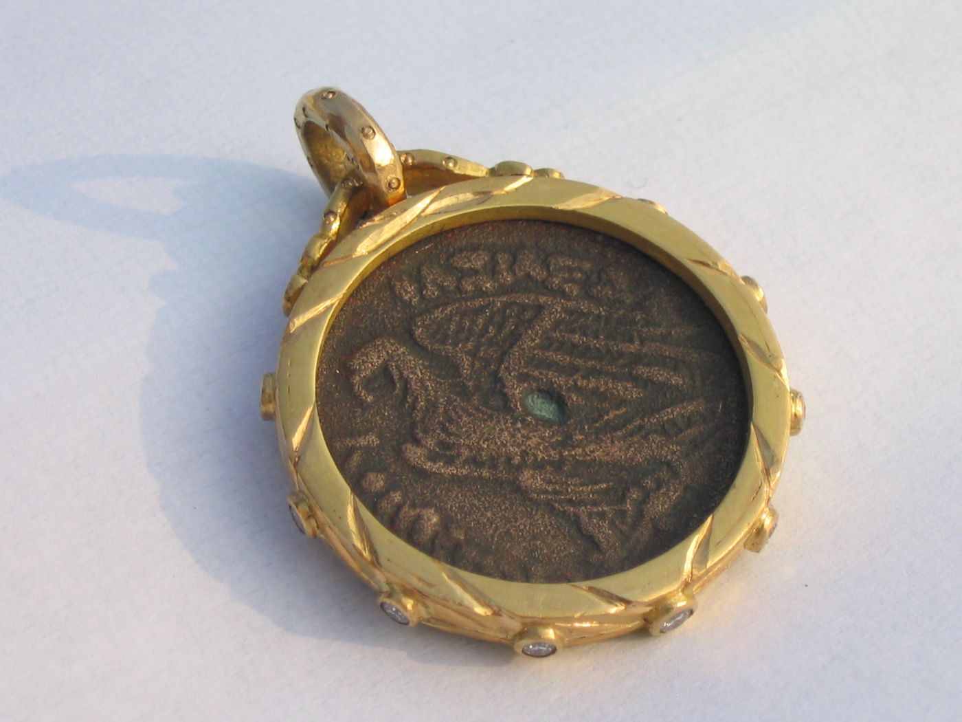 Bronze Coin Pendant — Ancient bronze coin, diamonds, gold