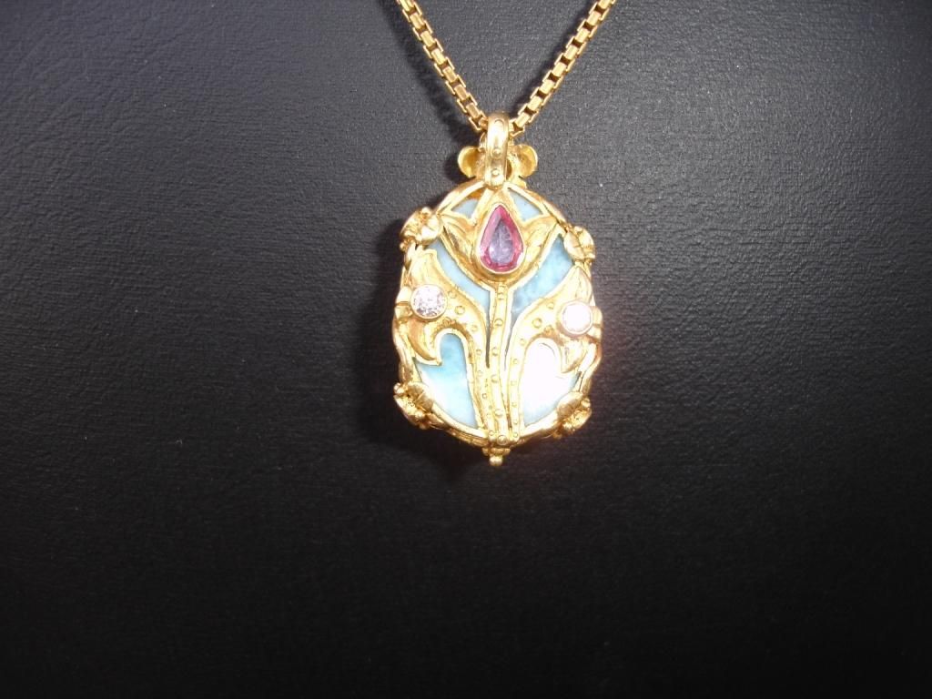 Chalcedony Tulip Pendant — Blue chalcedony, pink sapphire, diamond