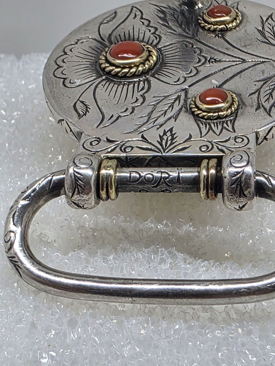 The Concho Buckle — Sterling silver · gold · Mediterranean coral · green turquoise