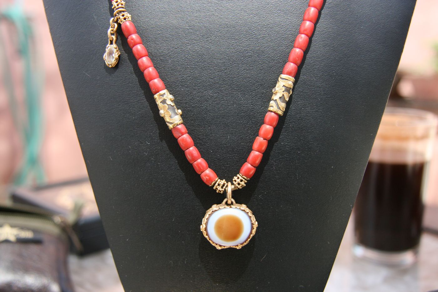 Coral & Eye-Agate Necklace — Red coral, banded eye agate, gold