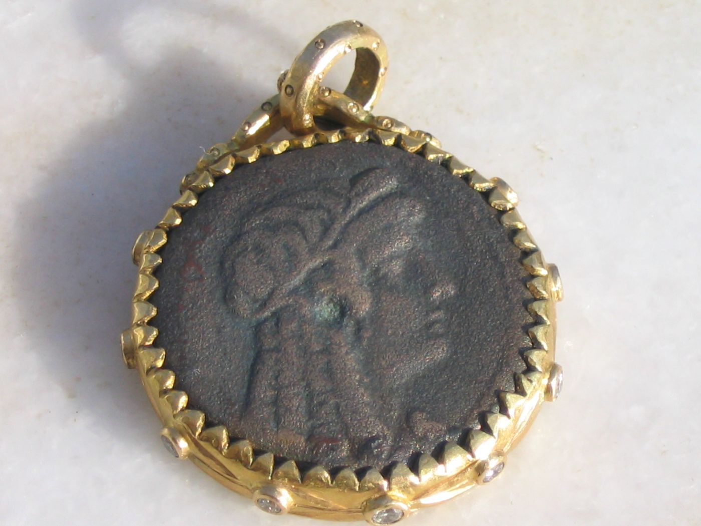 Crowned Coin Pendant — Ancient bronze coin, diamonds, gold prongs