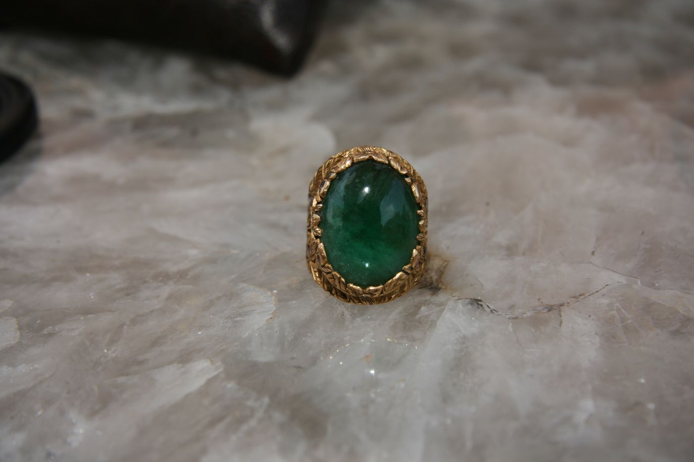 Emerald Cabochon Signet — Emerald, rubies, diamonds, carved gold