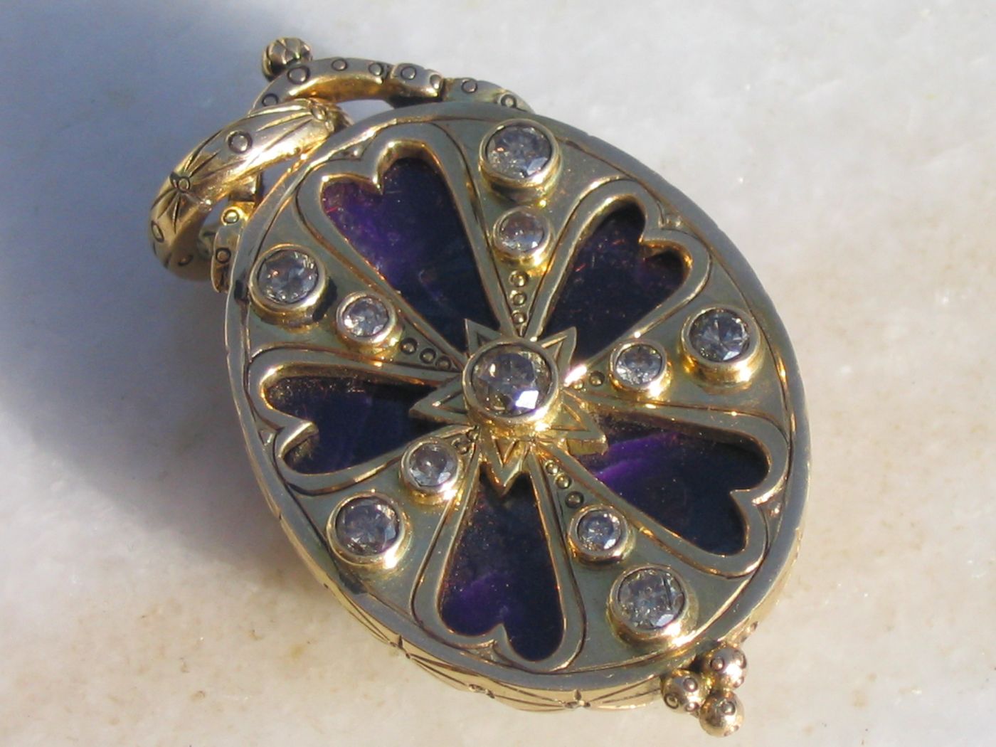 Enamel Locket — Purple guilloche enamel, blue sapphire, diamond