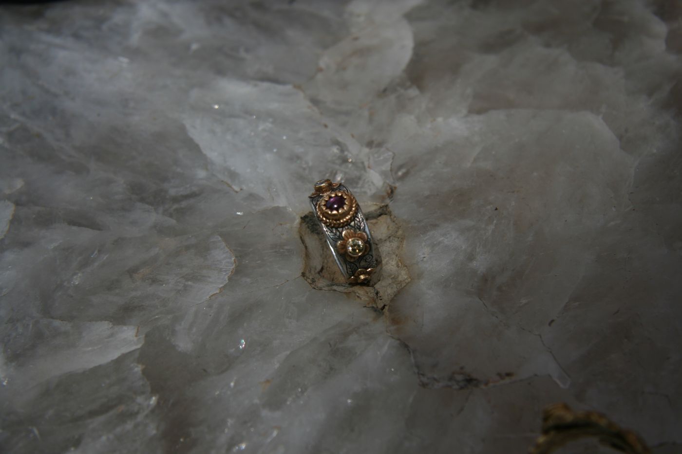 Garnet Flower Band — Garnet, peridot, gold flowers on silver