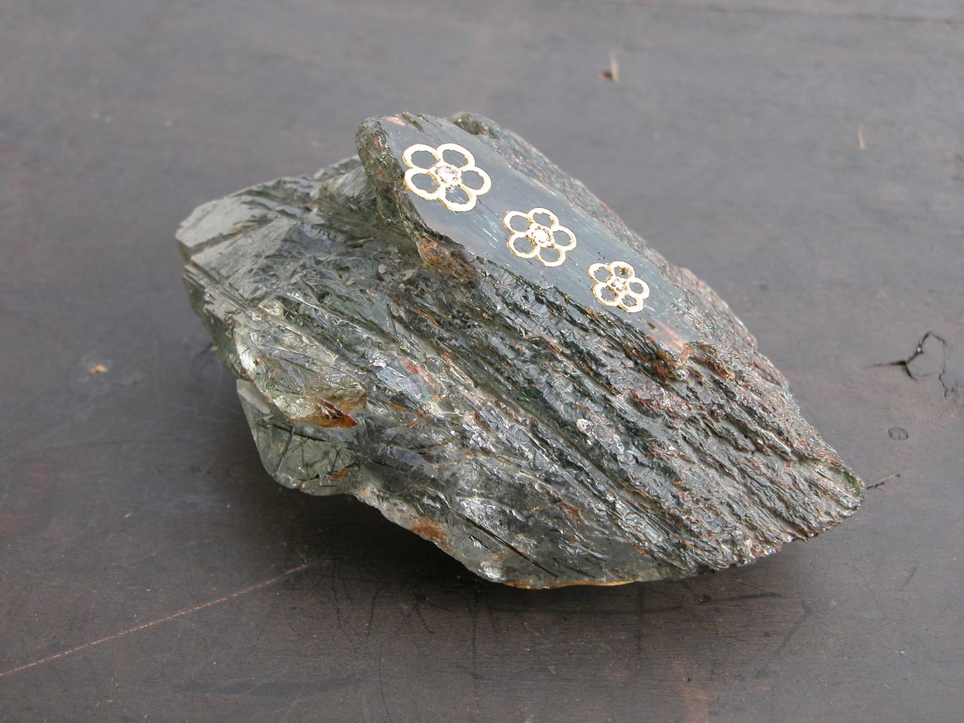Green Kyanite Specimen — Raw green kyanite, gold diamond-flower