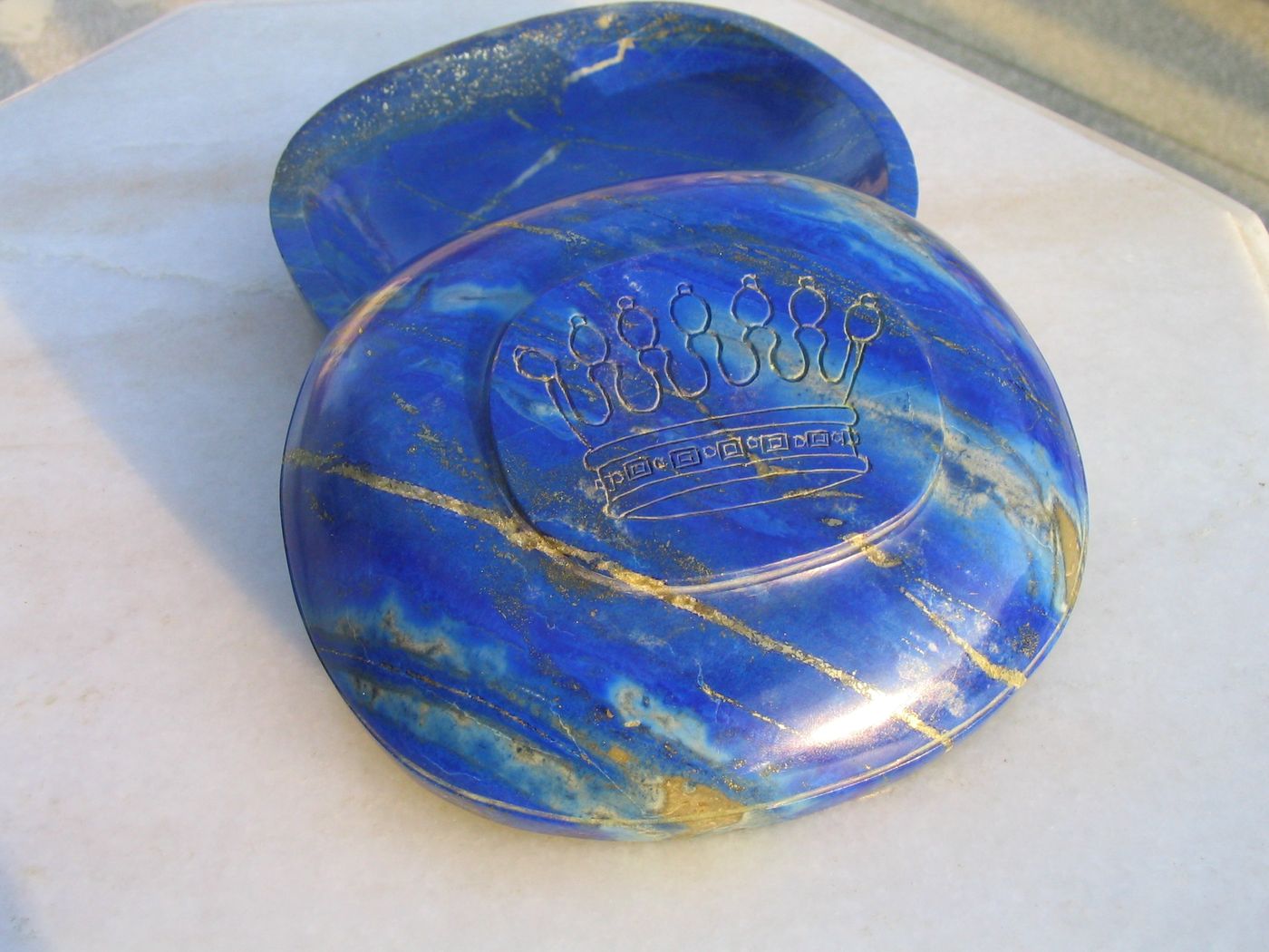 Lapis Crown Dish — Lapis lazuli, engraved royal crown
