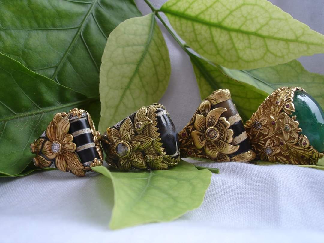 On the Vine — 18k gold · silver · dzi agate · emerald · diamonds · rubies