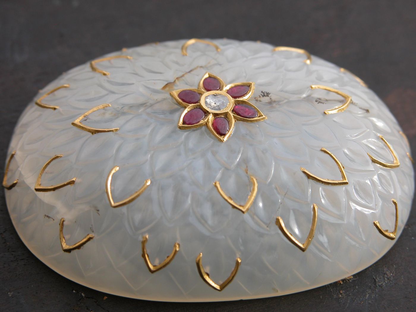 Opal Lotus Dome — White opal, ruby, diamond flower
