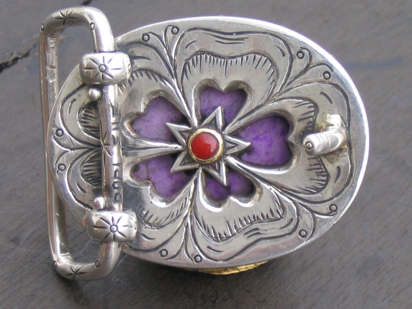 Purple Clover & Coral Buckle — Sugilite, red coral, silver & gold