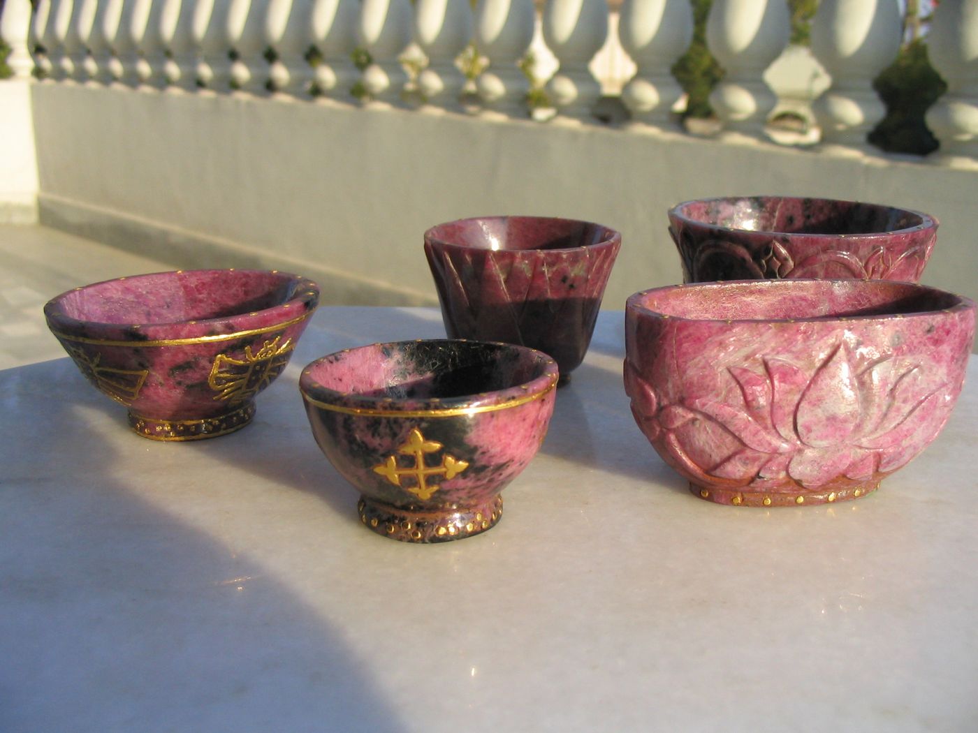 Rhodonite Bee Bowl — Rhodonite, gold bee & cross motifs