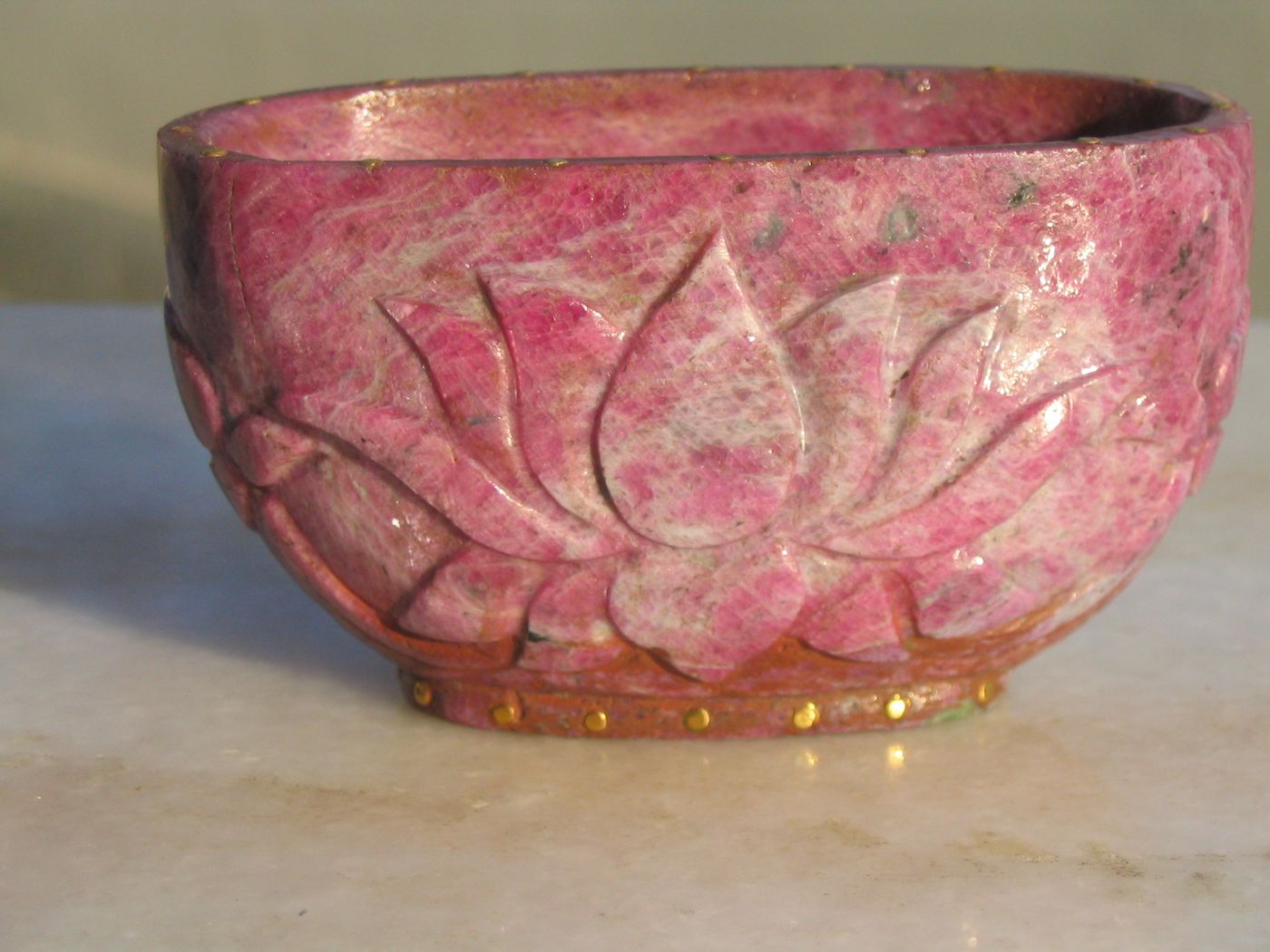 Rhodonite Lotus Bowl — Rhodonite, gold rim