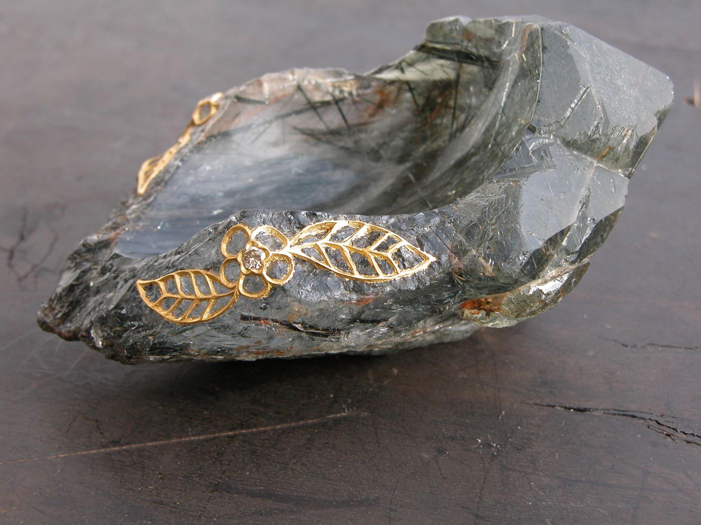 Rutilated Quartz Dish — Green rutilated quartz, gold leaf, diamond