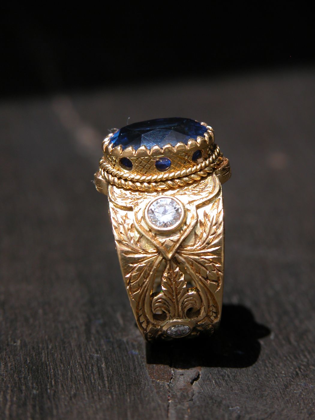 Sapphire Crown Ring — Blue sapphire, diamonds, engraved gold