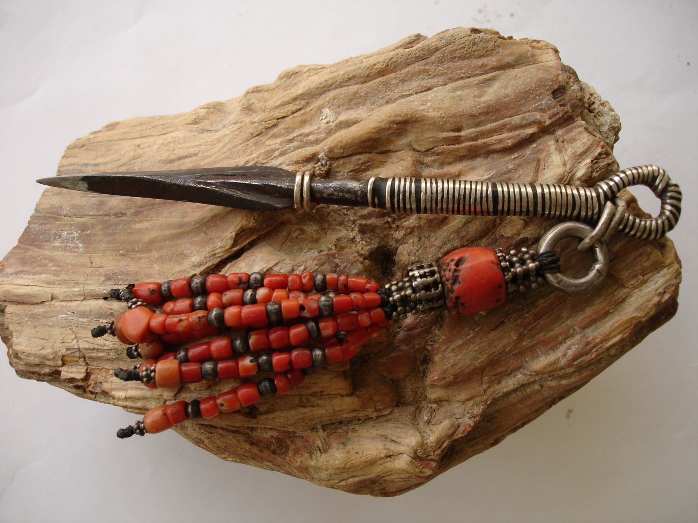 Spear Amulet — Silver, antique coral tassel