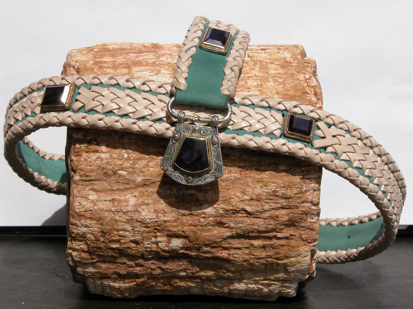 Sugilite Leather Belt — Sugilite, amethyst, silver on cream leather