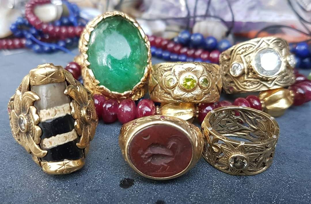 The Signet Rings — 18k gold · emerald · carnelian intaglio · dzi agate · diamonds · peridot