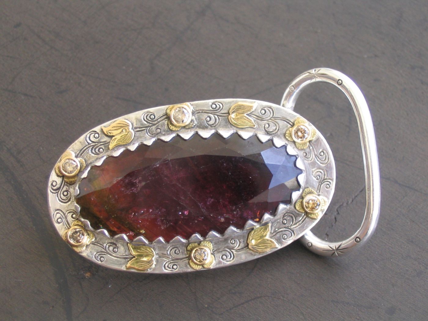 Watermelon Tourmaline Buckle — Bi-color tourmaline, diamonds, silver & gold